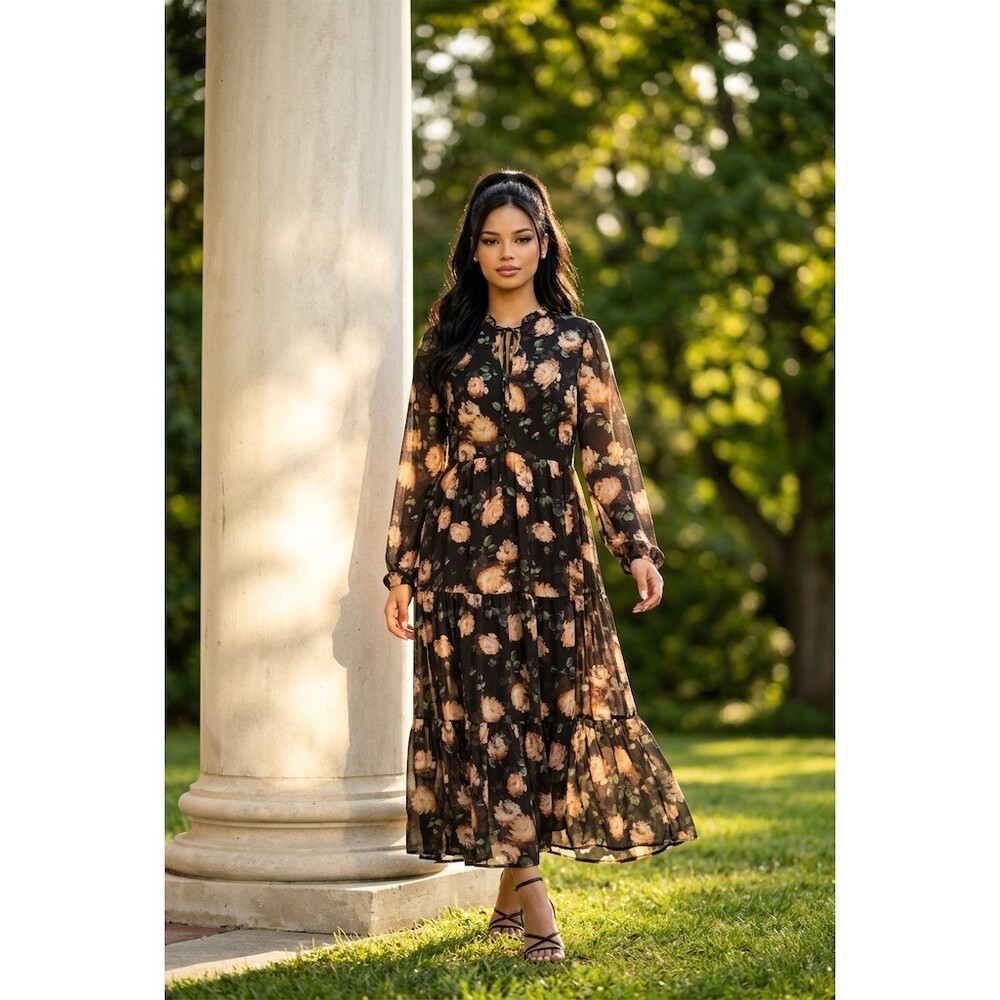 In February Dress Womens L Black Multi Floral Tiered Midi Long Sleeve NWT